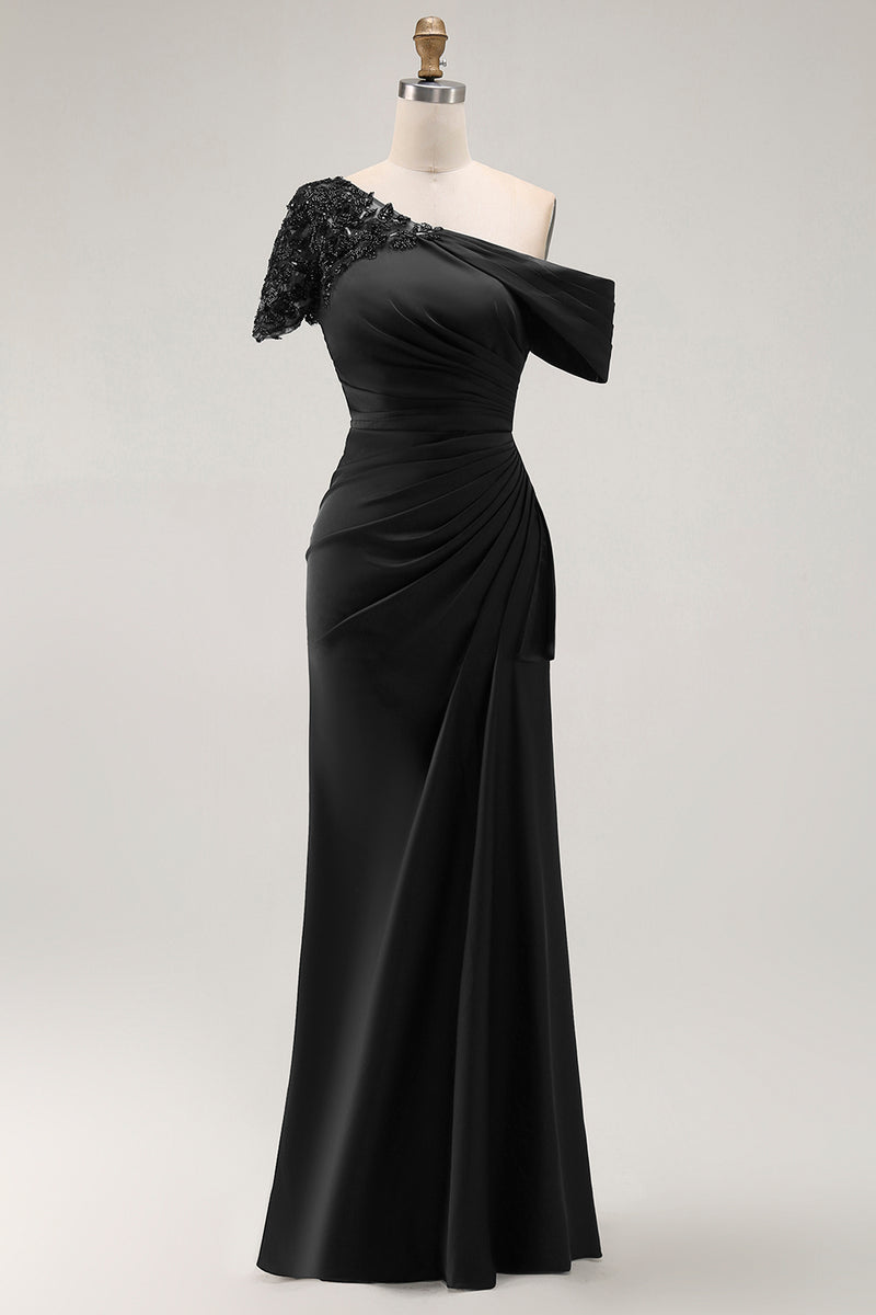 Load image into Gallery viewer, Black Sheath Ruched One Shoulder Long Mother of the Bride Dress with Appliques