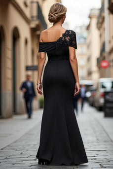 Black Sheath Ruched One Shoulder Long Mother of the Bride Dress with Appliques
