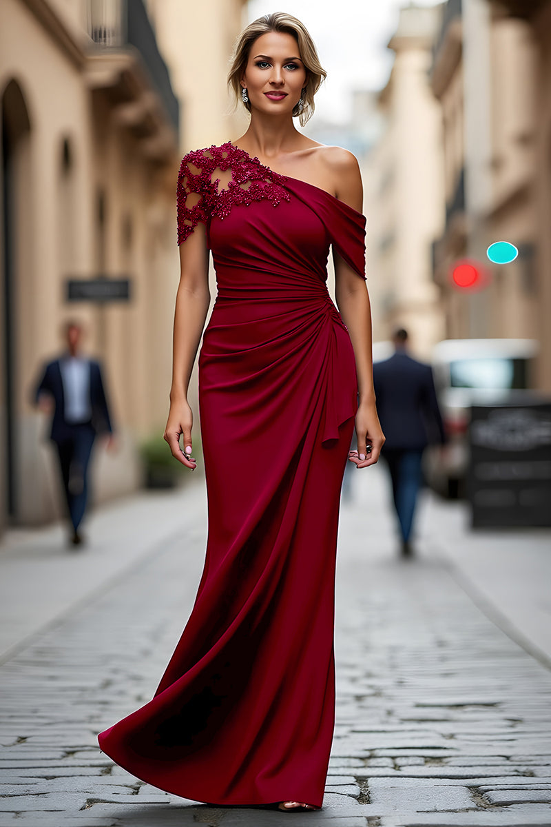 Load image into Gallery viewer, Queendancer Women Plum Sheath Long Mother of the Bride Dress with Appliques Satin Ruched One Shoulder Formal Dress