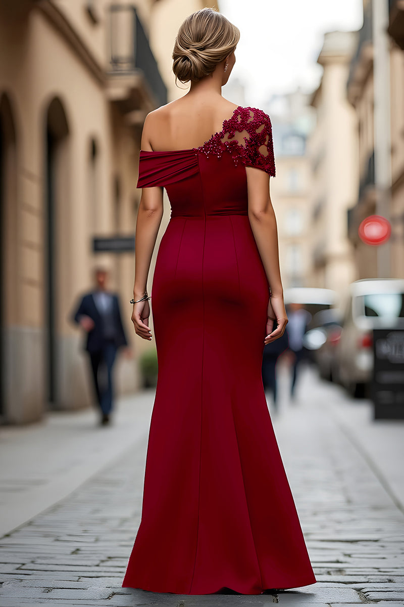 Load image into Gallery viewer, Plum Sheath One Shoulder Ruched Long Mother of the Bride Dress with Appliques