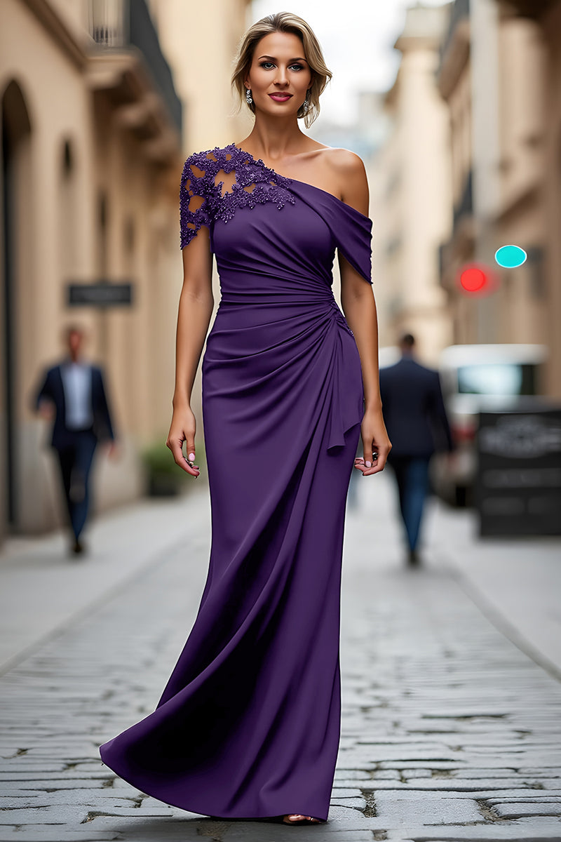 Queendancer Women Plum Sheath Long Mother of the Bride Dress with Appliques  Satin Ruched One Shoulder Formal Dress – queendancer