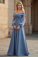 Load image into Gallery viewer, A Line Dusty Blue Satin Ruched Off the Shoulder Mother of the Bride Dress