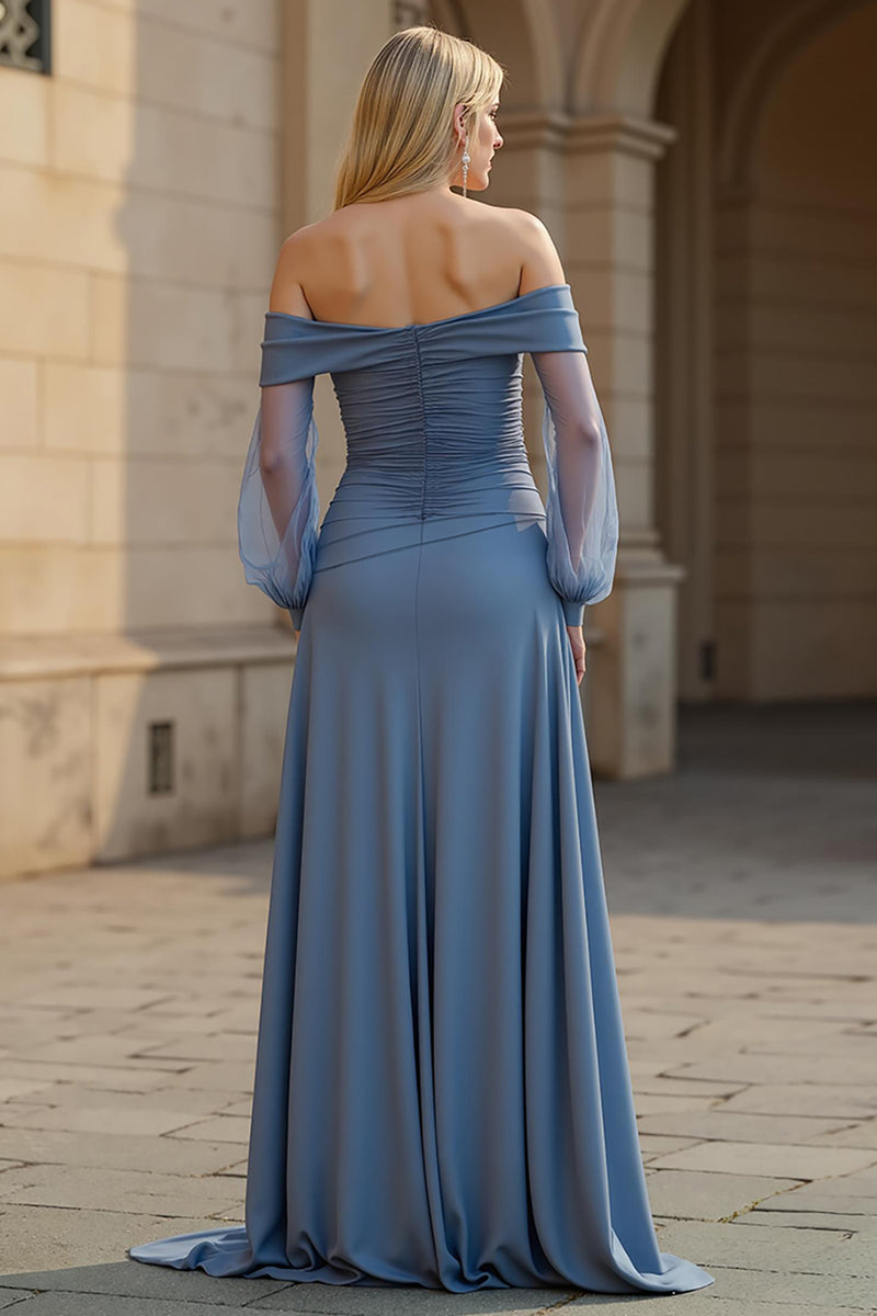 Load image into Gallery viewer, A Line Dusty Blue Satin Ruched Off the Shoulder Mother of the Bride Dress