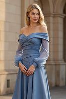 Load image into Gallery viewer, A Line Dusty Blue Satin Ruched Off the Shoulder Mother of the Bride Dress
