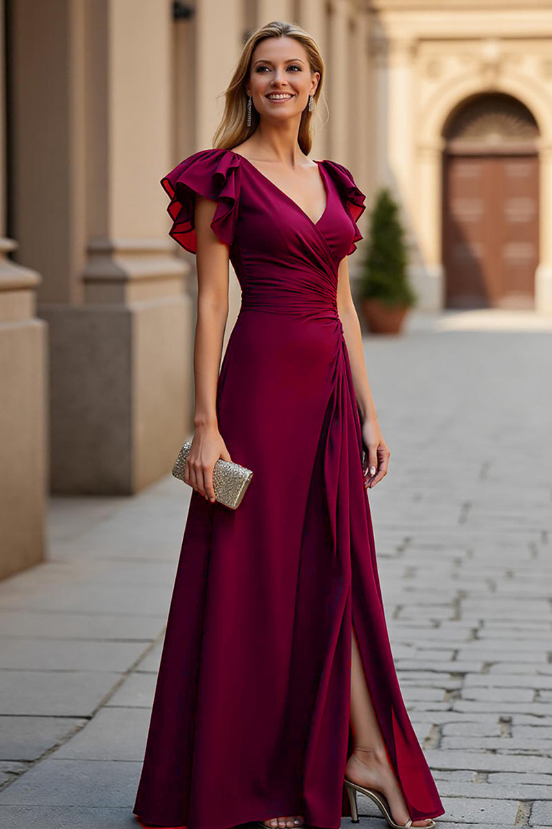 Load image into Gallery viewer, Burgundy A Line V-Neck Maxi Mother of the Bride Dress with Slit