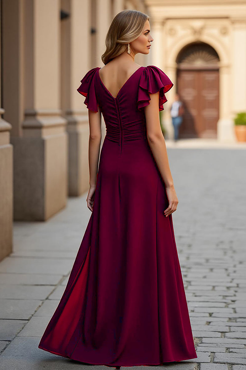 Load image into Gallery viewer, Burgundy A Line V-Neck Maxi Mother of the Bride Dress with Slit