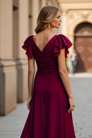 Load image into Gallery viewer, Burgundy A Line V-Neck Maxi Mother of the Bride Dress with Slit