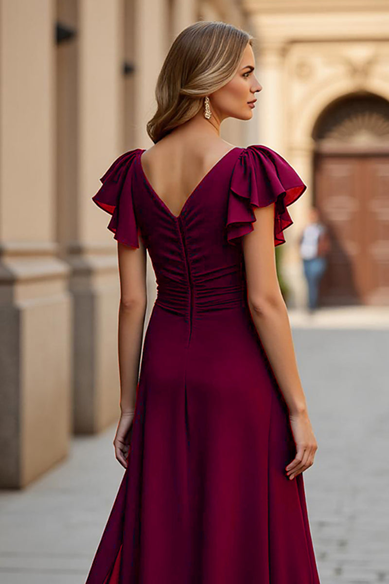 Load image into Gallery viewer, Burgundy A Line V-Neck Maxi Mother of the Bride Dress with Slit