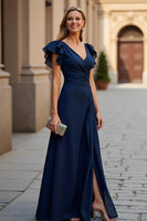 Load image into Gallery viewer, Burgundy A Line V-Neck Maxi Mother of the Bride Dress with Slit