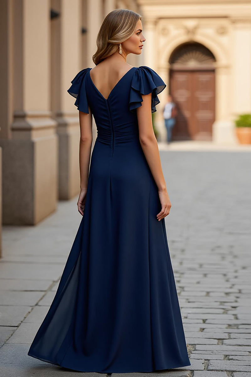 Load image into Gallery viewer, Burgundy A Line V-Neck Maxi Mother of the Bride Dress with Slit