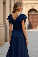 Load image into Gallery viewer, Burgundy A Line V-Neck Maxi Mother of the Bride Dress with Slit