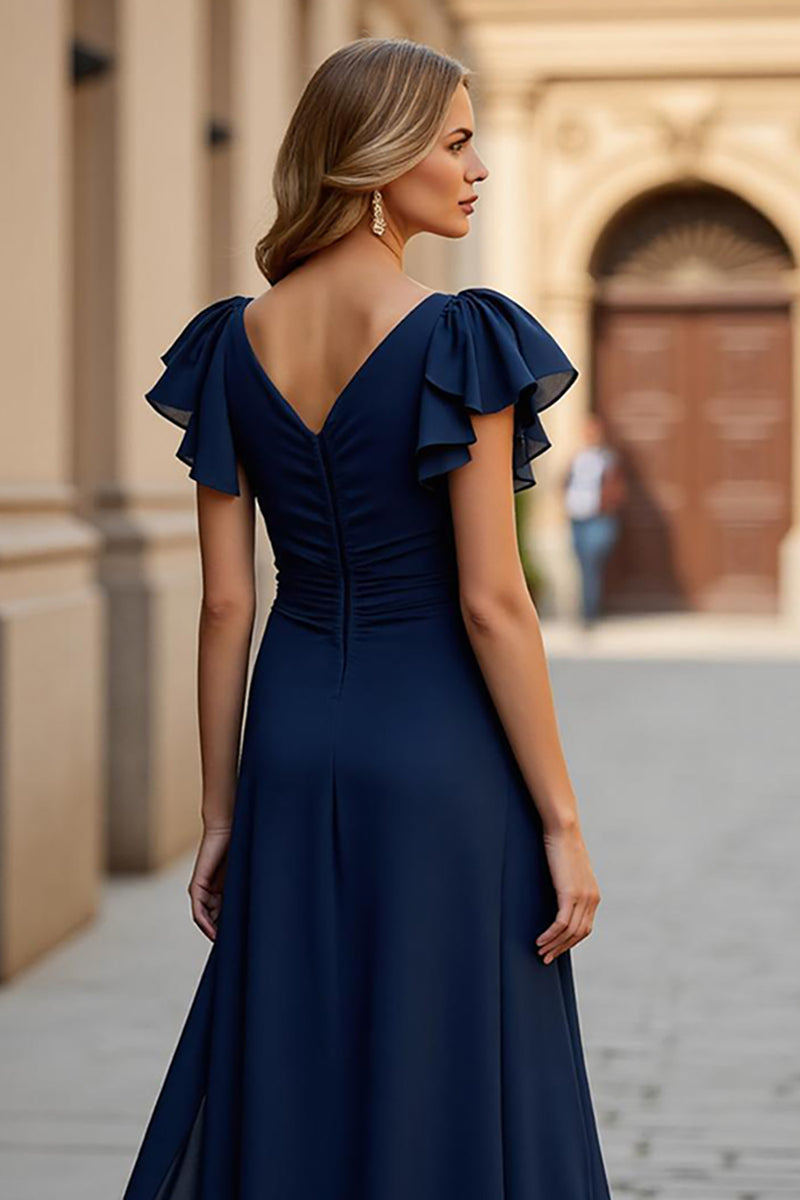 Load image into Gallery viewer, Burgundy A Line V-Neck Maxi Mother of the Bride Dress with Slit