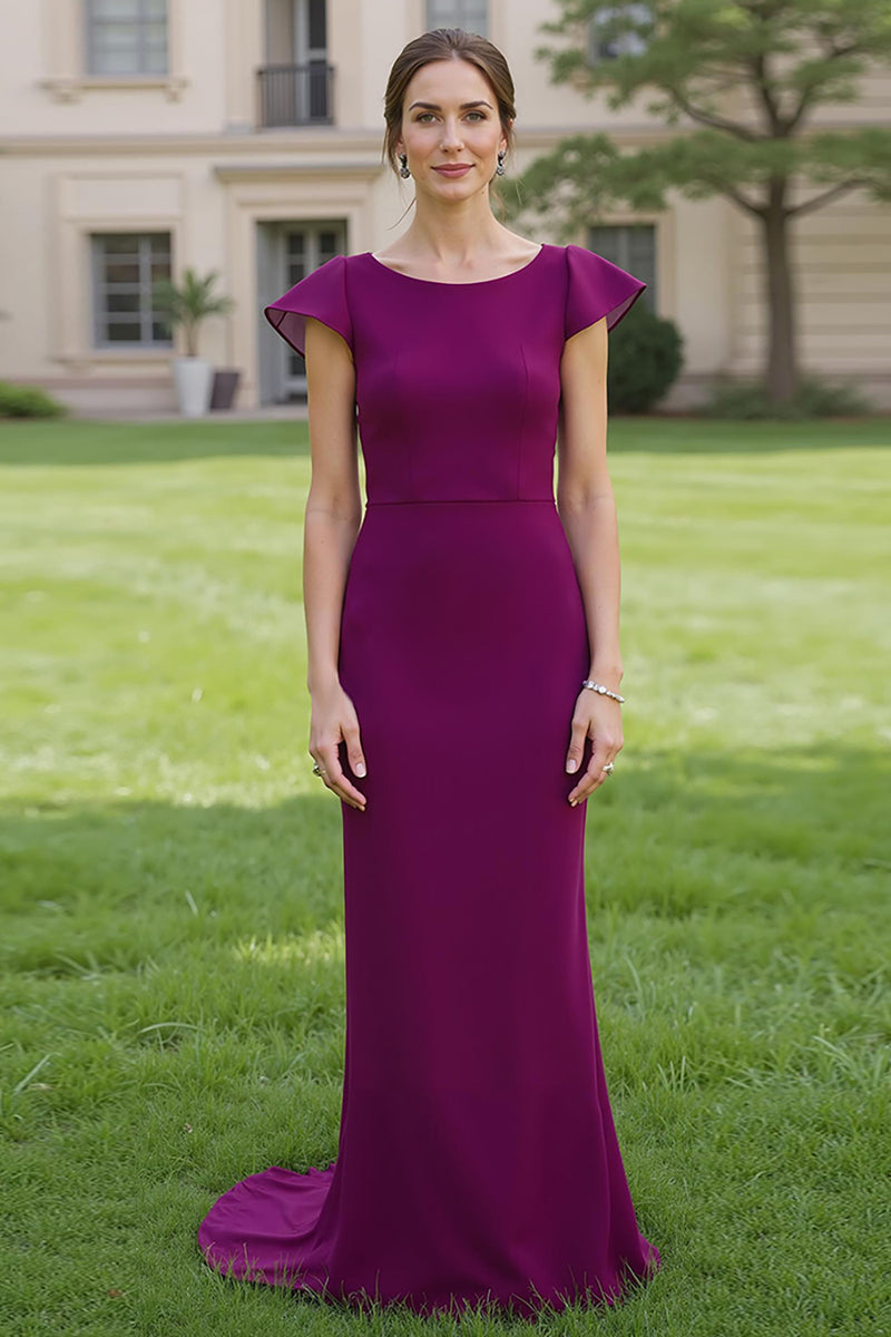 Load image into Gallery viewer, Simple Grape Sheath Satin Mother of the Bride Dress with Cap Sleeves