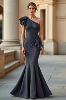 Load image into Gallery viewer, Mermaid Steel Grey One Shoulder Long Mother of the Bride Dress with Ruffles