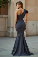 Load image into Gallery viewer, Mermaid Steel Grey One Shoulder Long Mother of the Bride Dress with Ruffles