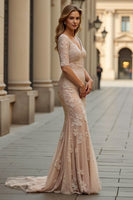 Load image into Gallery viewer, Champagne Mermaid Lace V-Neck Maxi Mother of the Bride Dress with Sleeves