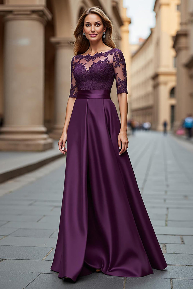 Load image into Gallery viewer, Satin Grape Illusion Boat Neck Maxi Mother of the Bride Dress with Lace