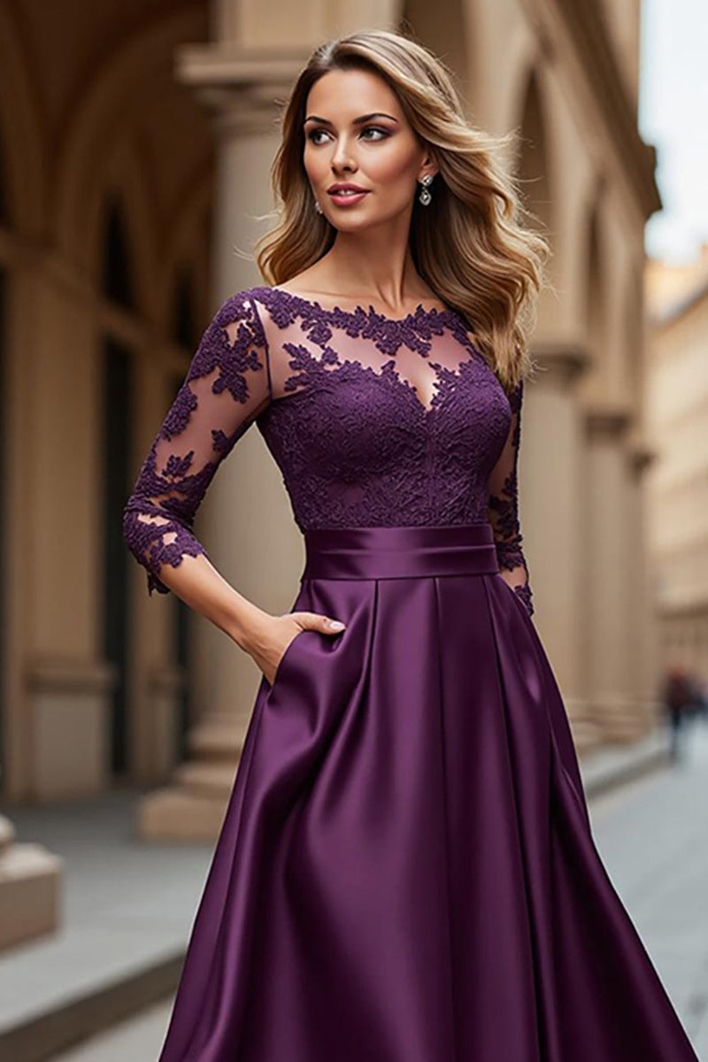 Load image into Gallery viewer, Satin Grape Illusion Boat Neck Maxi Mother of the Bride Dress with Lace
