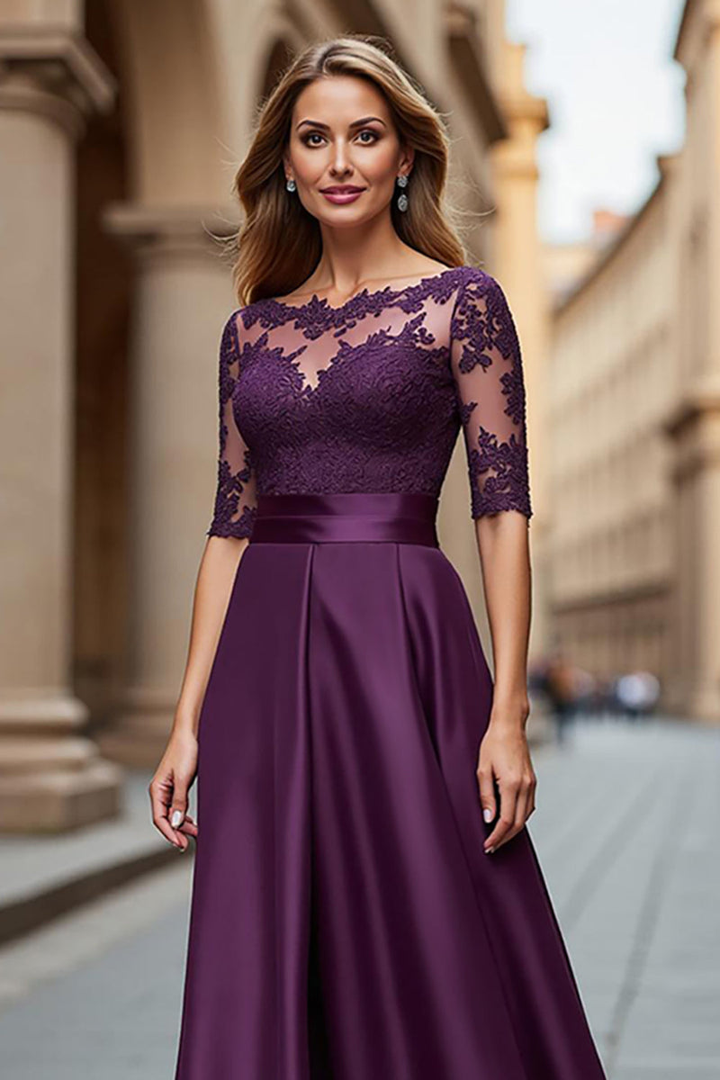 Load image into Gallery viewer, Satin Grape Illusion Boat Neck Maxi Mother of the Bride Dress with Lace