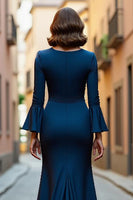 Load image into Gallery viewer, Mermaid Navy V-Neck Long Mother of the Bride Dress with Sleeves
