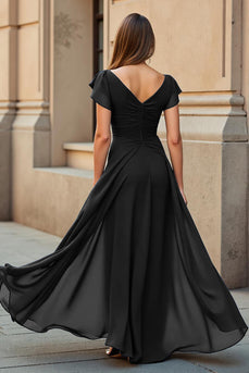 Black Chiffon V-Neck Ruched Maxi Mother of the Bride Dress with Sleeves