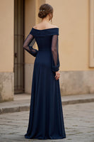 Load image into Gallery viewer, Navy Chiffon Ruched Maxi Mother of the Bride Dress with Sleeves