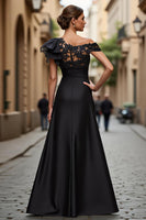 Load image into Gallery viewer, Plum Chiffon One Shoulder Ruffled Long Mother of the Bride Dress with Lace