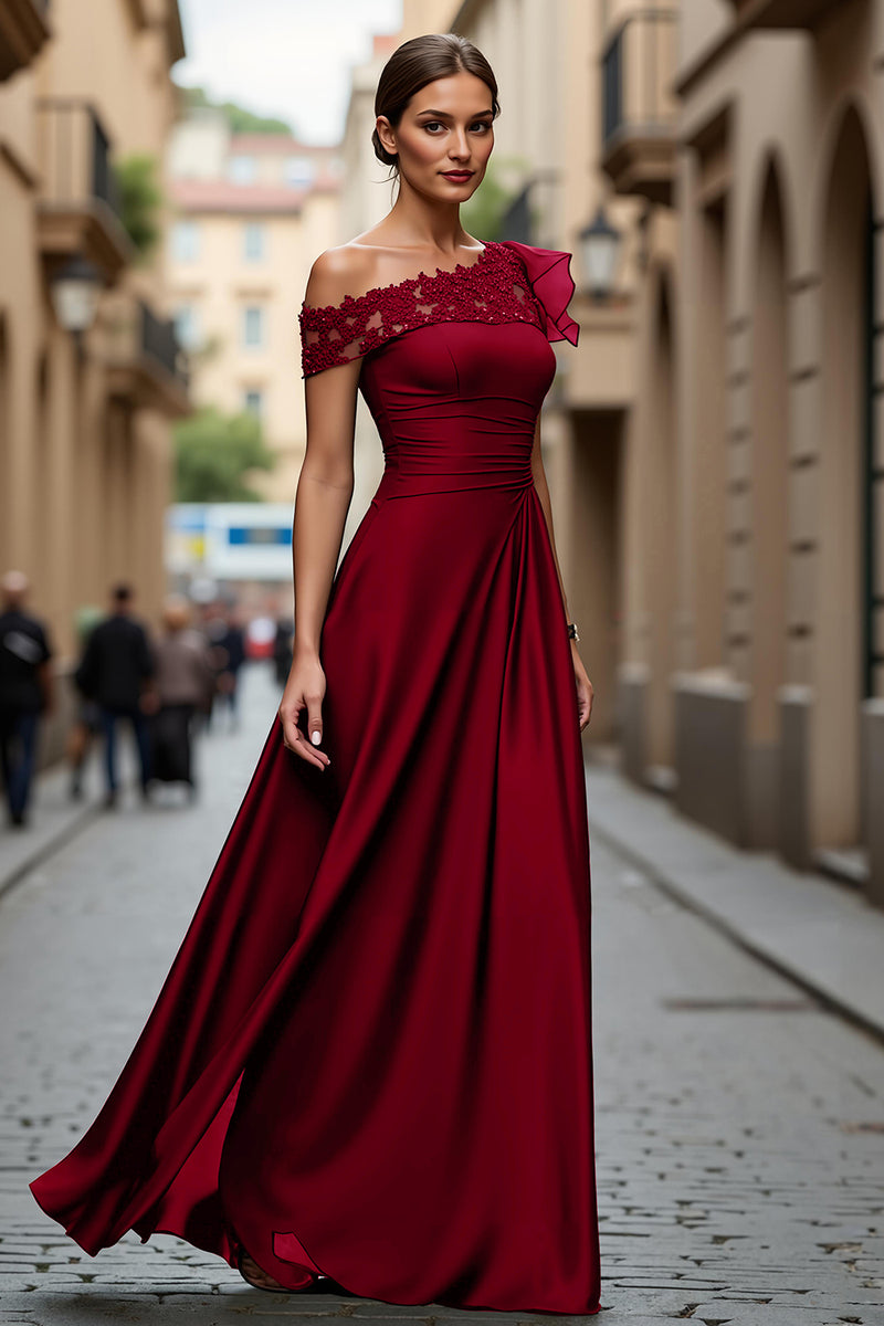 Load image into Gallery viewer, Plum Chiffon One Shoulder Ruffled Long Mother of the Bride Dress with Lace
