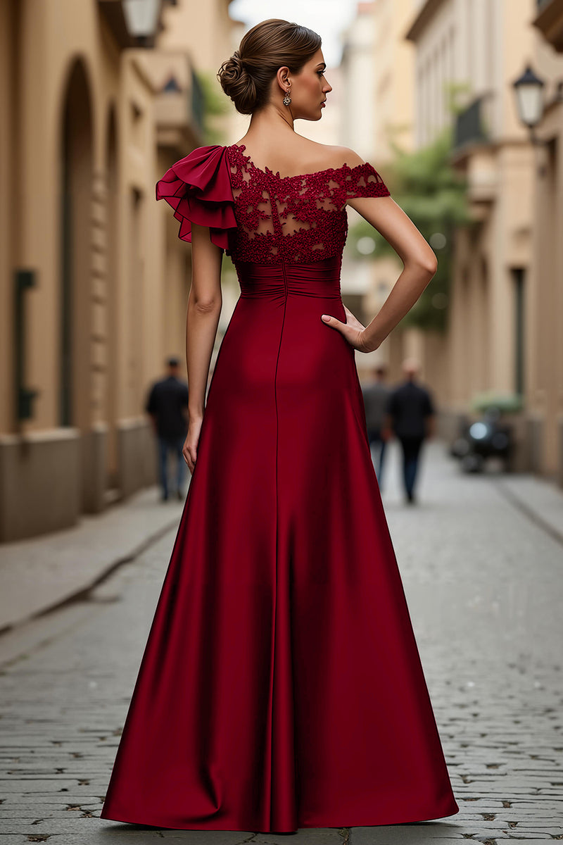 Load image into Gallery viewer, Plum Chiffon One Shoulder Ruffled Long Mother of the Bride Dress with Lace
