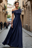 Load image into Gallery viewer, Plum Chiffon One Shoulder Ruffled Long Mother of the Bride Dress with Lace