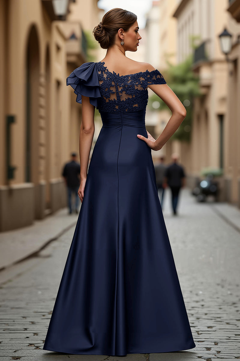 Load image into Gallery viewer, Plum Chiffon One Shoulder Ruffled Long Mother of the Bride Dress with Lace