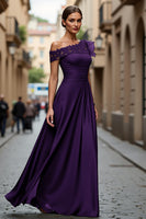 Load image into Gallery viewer, Plum Chiffon One Shoulder Ruffled Long Mother of the Bride Dress with Lace