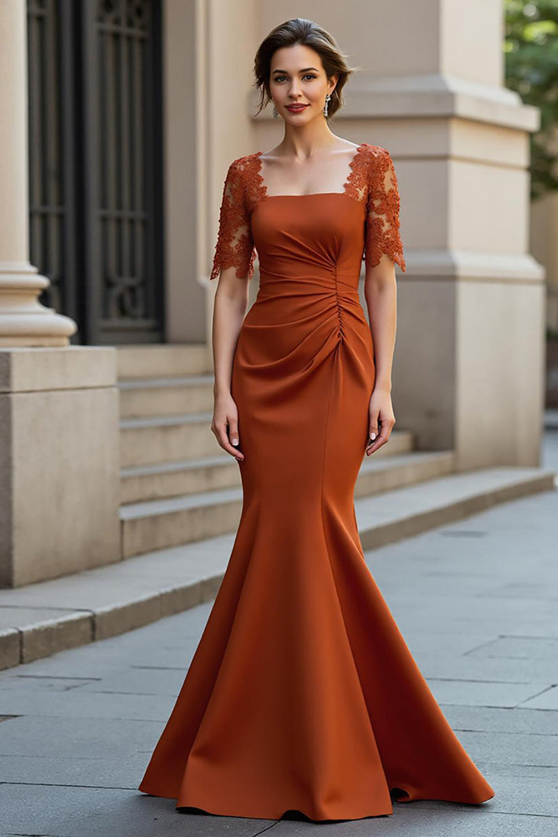 Load image into Gallery viewer, Mermaid Rust Ruched Satin Long Mother of the Bride Dress with Lace