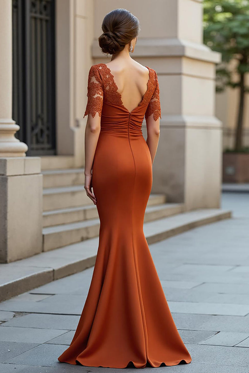 Queendancer Women Rust Mermaid Long Mother of the Bride Dress with Lace  Satin Ruched Square Neck Wedding Guest Dress with Sleeves  queendancer