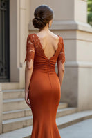 Load image into Gallery viewer, Mermaid Rust Ruched Satin Long Mother of the Bride Dress with Lace