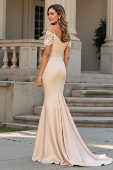 Mermaid Champagne Satin Maxi Mother of the Bride Dress with Lace