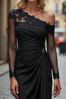 Load image into Gallery viewer, Black Satin Ruffled One Shoulder Short Mother of the Bride Dress with Sleeves