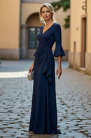 Load image into Gallery viewer, Navy Satin V-Neck Ruched Long Mother of the Bride Dress with Ruffles