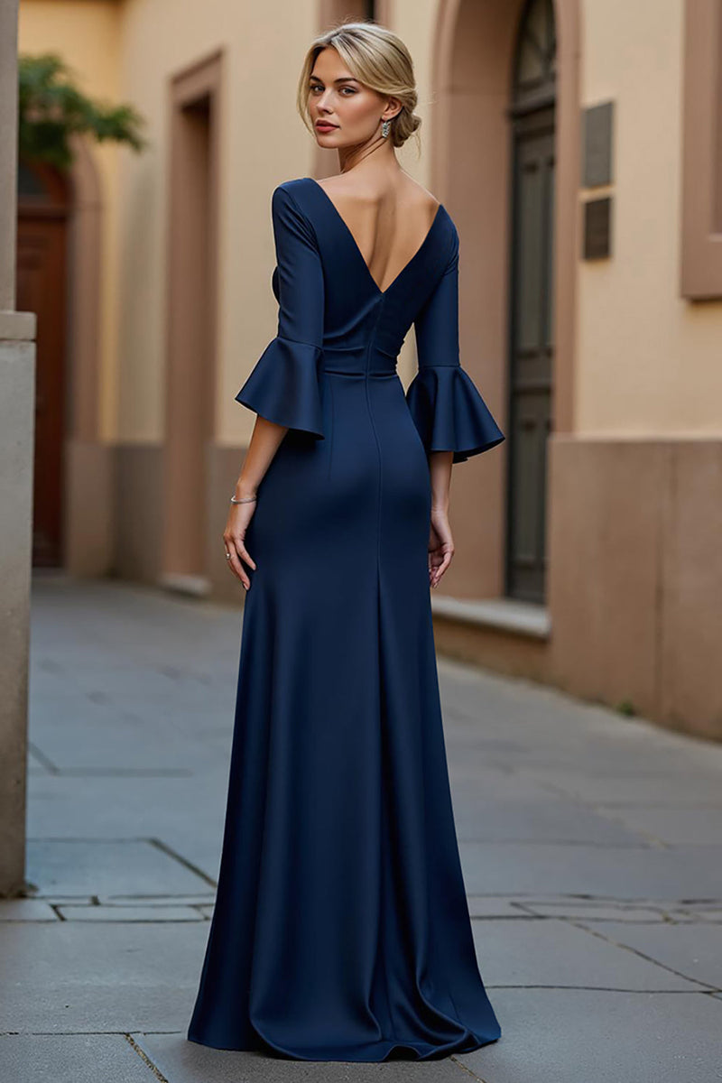 Load image into Gallery viewer, Navy Satin V-Neck Ruched Long Mother of the Bride Dress with Ruffles