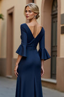 Load image into Gallery viewer, Navy Satin V-Neck Ruched Long Mother of the Bride Dress with Ruffles