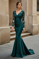 Load image into Gallery viewer, Mermaid Pine V-Neck Satin Long Mother of the Bride Dress with Appliques