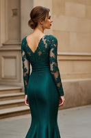 Load image into Gallery viewer, Mermaid Pine V-Neck Satin Long Mother of the Bride Dress with Appliques