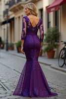 Load image into Gallery viewer, Mermaid Plum V-Neck Lace Long Mother of the Bride Dress with Sleeves