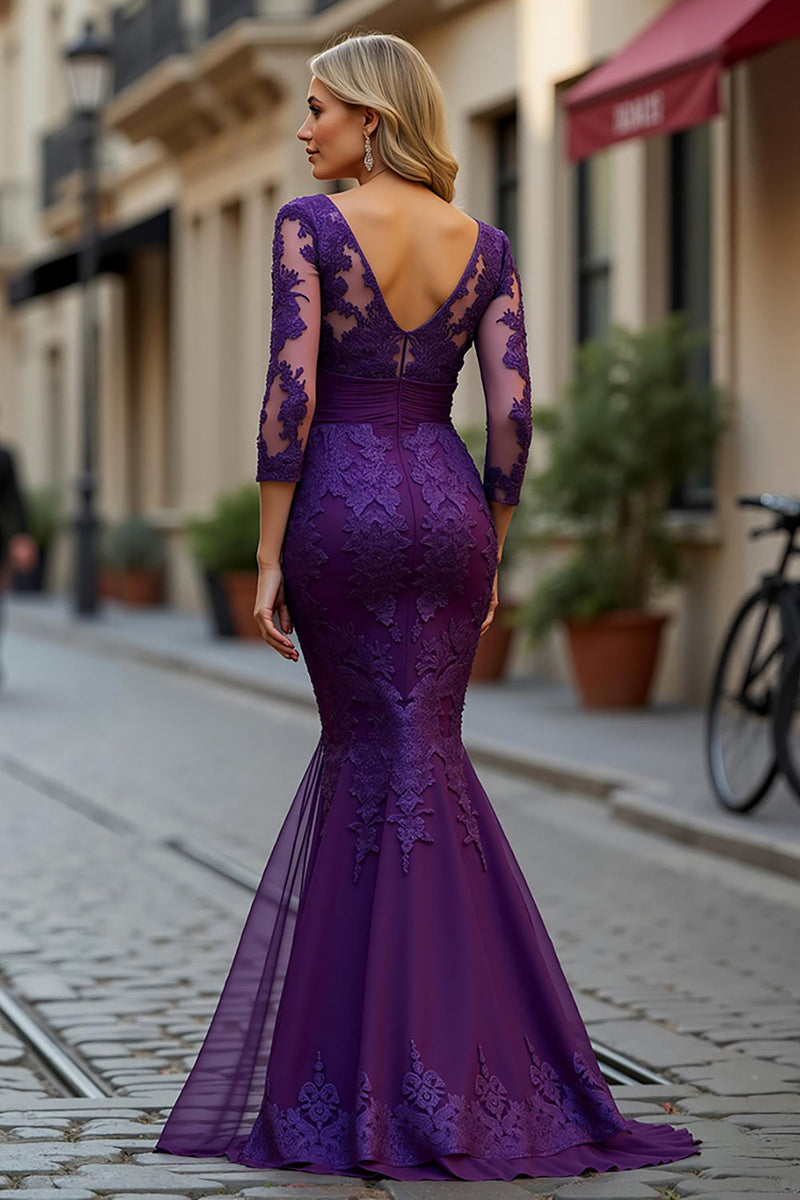 Load image into Gallery viewer, Mermaid Plum V-Neck Lace Long Mother of the Bride Dress with Sleeves