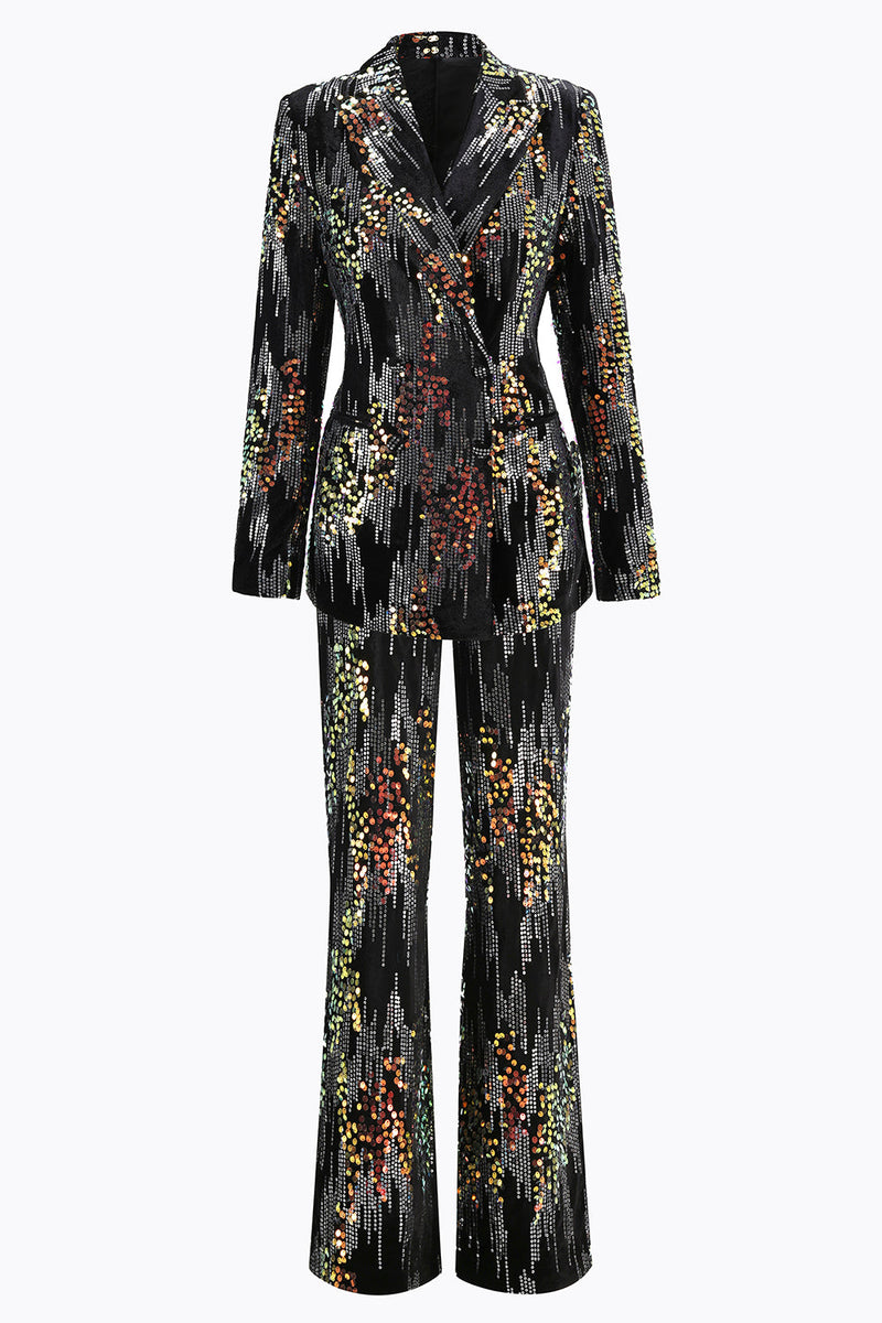 Load image into Gallery viewer, Sparkly Black Peak Lapel 2 Piece Sequin Women Prom Suits