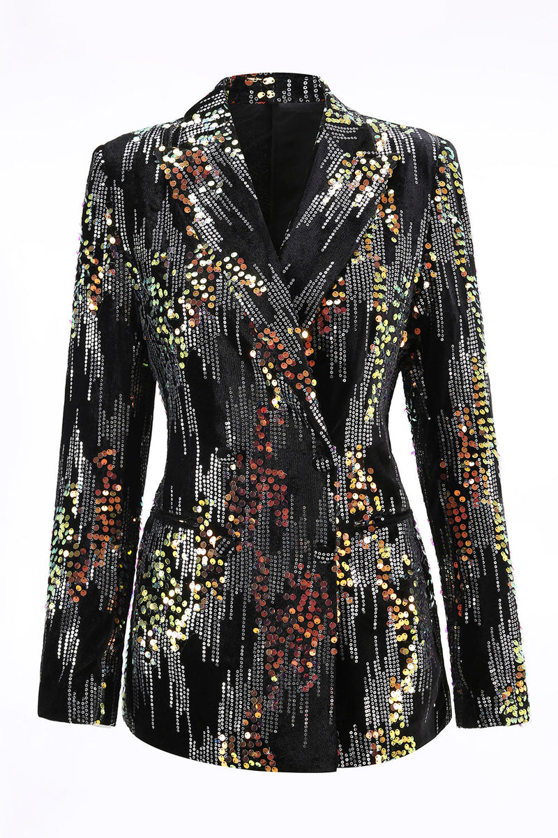 Load image into Gallery viewer, Sparkly Black Peak Lapel 2 Piece Sequin Women Prom Suits