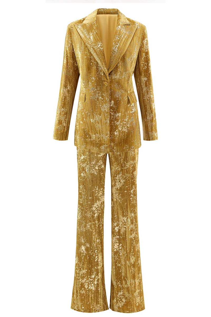 Load image into Gallery viewer, Sparkly Yellow 2 Piece Jacquard Peak Lapel One Button Women Prom Homecoming Suits