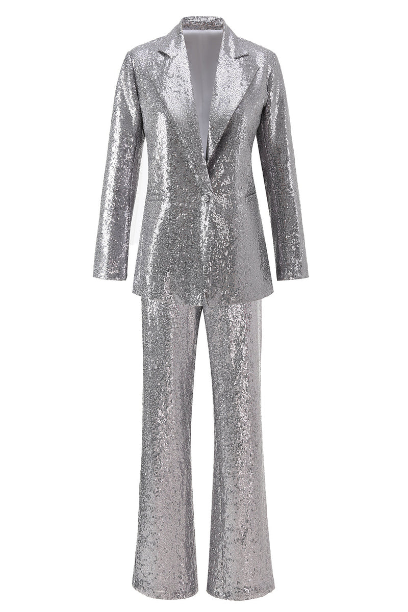 Load image into Gallery viewer, Sparkly Silver Sequin Notched Lapel 2 Piece Women Prom Suits