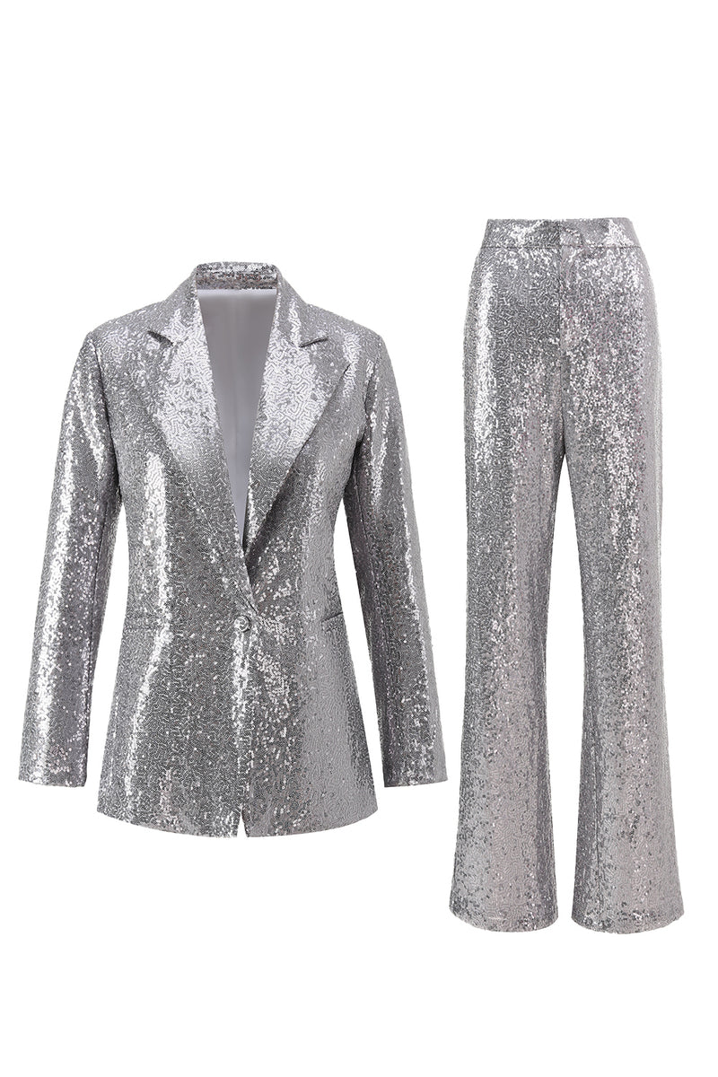 Load image into Gallery viewer, Sparkly Silver Sequin Notched Lapel 2 Piece Women Prom Suits