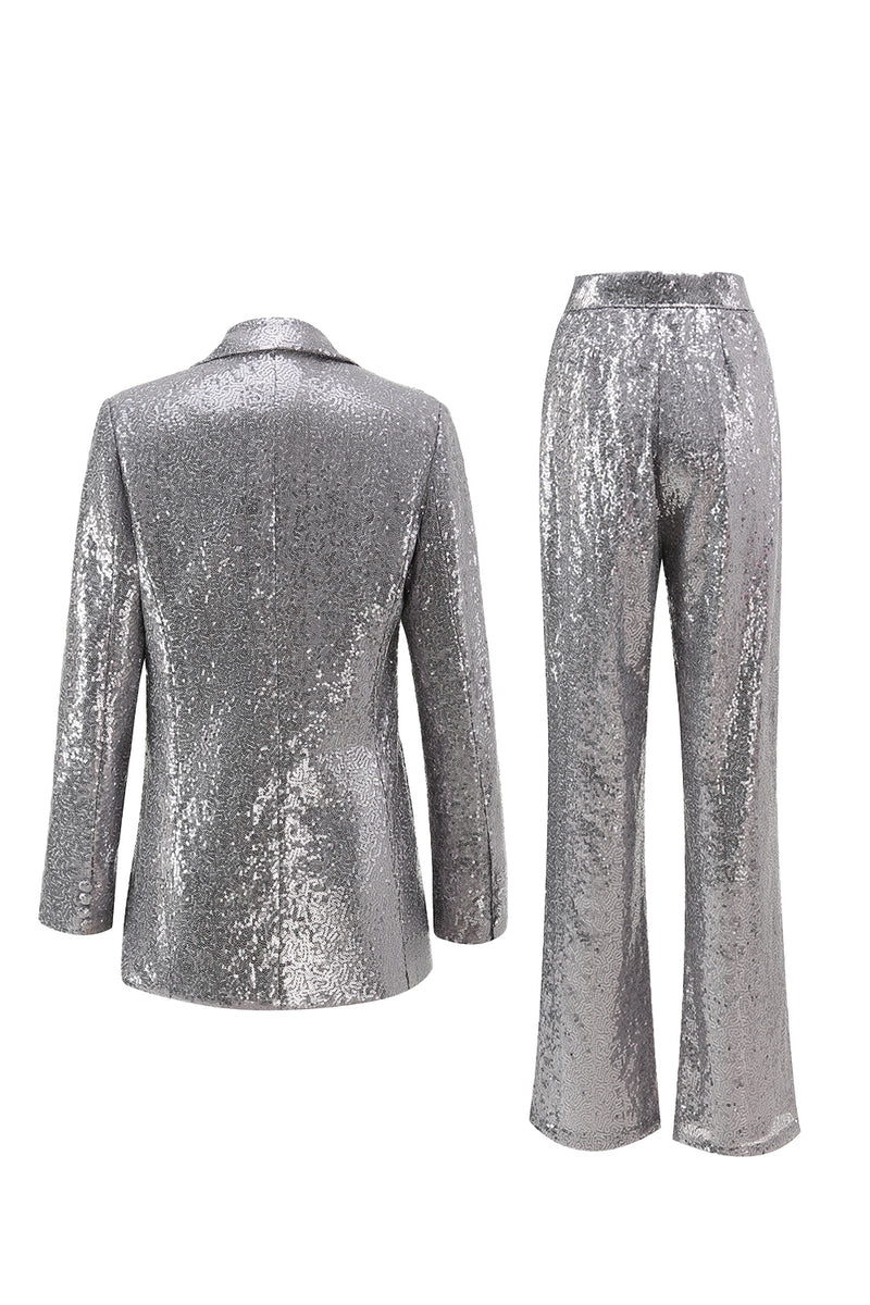 Load image into Gallery viewer, Sparkly Silver Sequin Notched Lapel 2 Piece Women Prom Suits